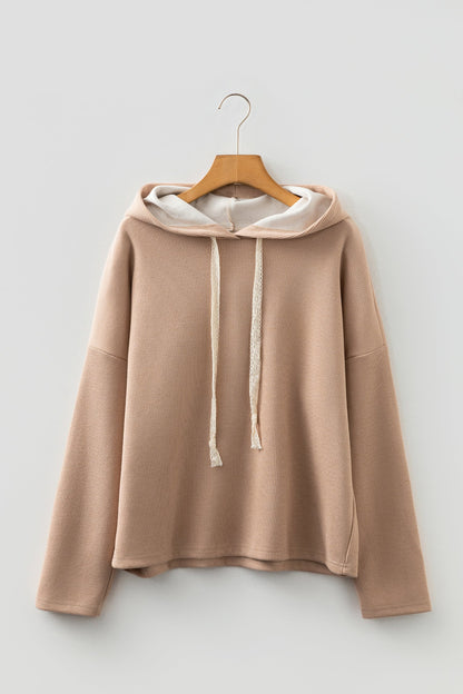 Ribbed Knit Leopard & Lace Drawstring Hoodie