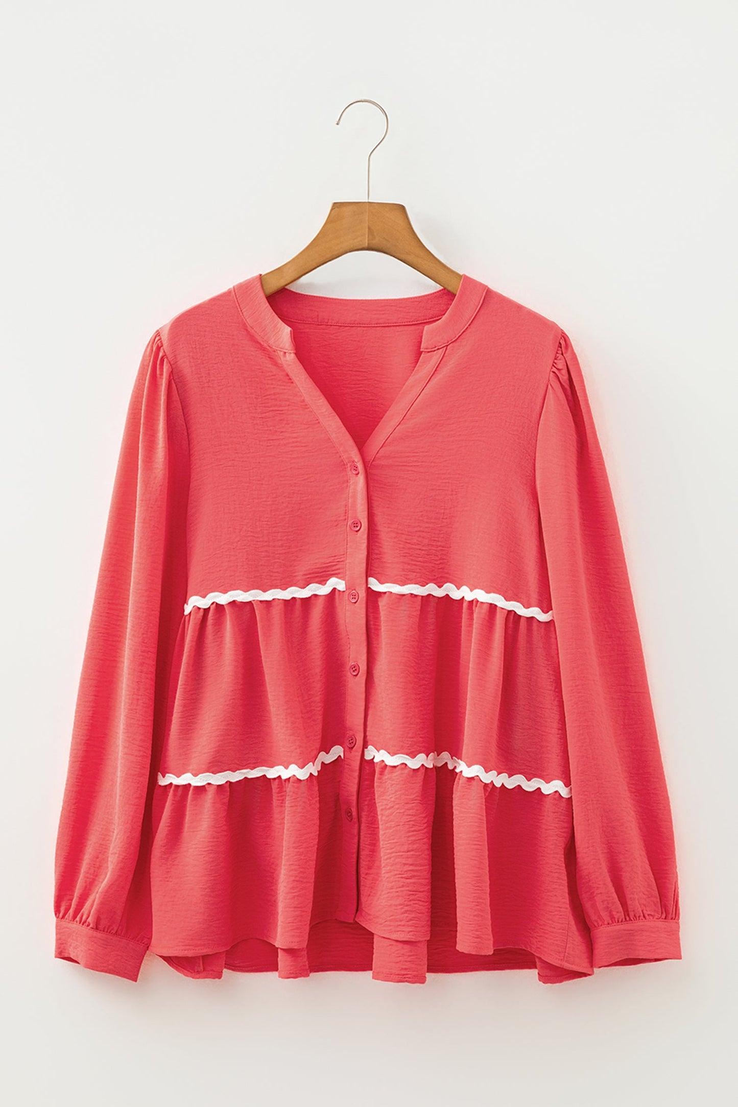 Contrast Ricrac Trim V-Neck Button Down Shirt