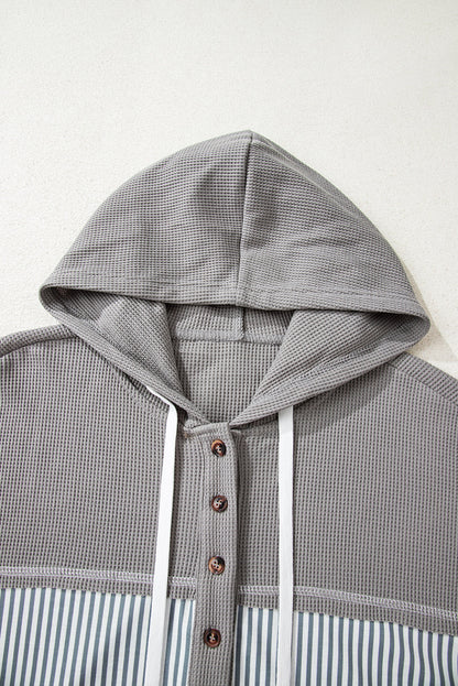 Stripe Waffle Patchwork Hooded Long Sleeve Top