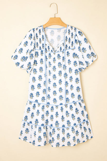 Floral Puff Sleeve Tied Neck Pocket Mini Dress