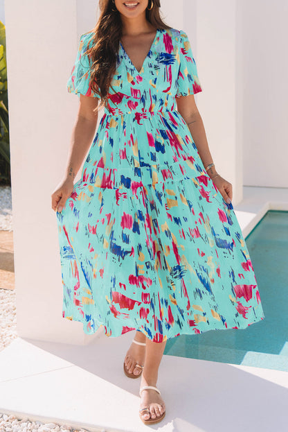 Abstract Short Puff Sleeve Tiered Maxi Dress