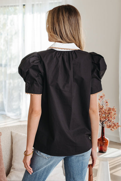 Ricrac Trim Shirt Collar Short Sleeve Blouse