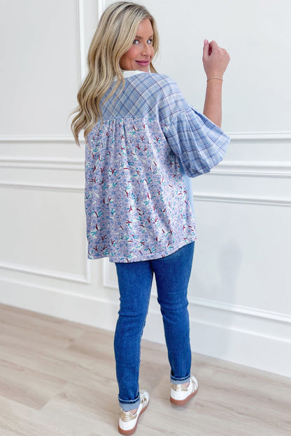 Color Block Plaid Patchwork Bubble Sleeve Blouse