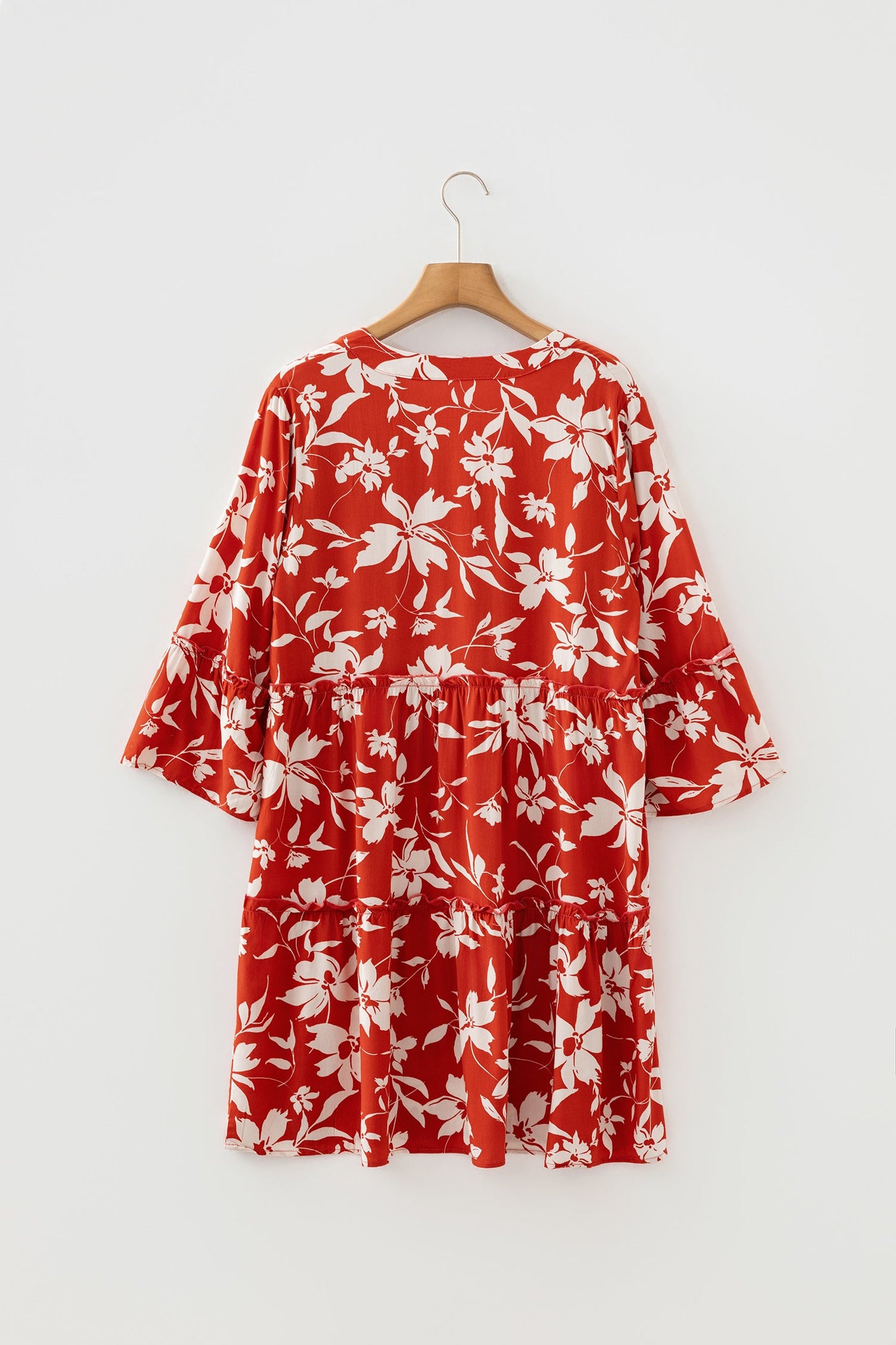 Boho Floral Lettuce Trim 3/4 Sleeve Mini Dress