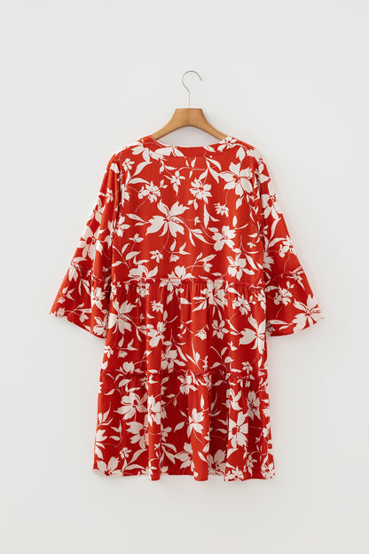 Boho Floral Lettuce Trim 3/4 Sleeve Mini Dress