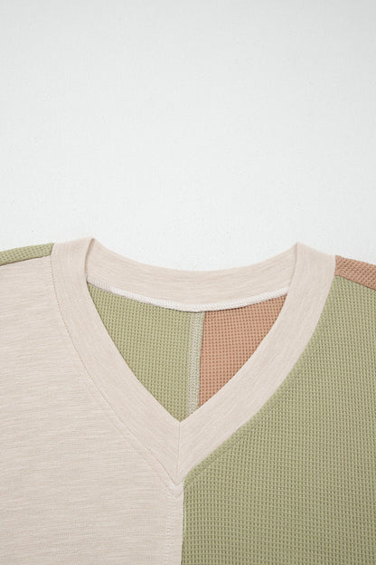 Plus Size Mix Texture Colorblock V-Neck Top