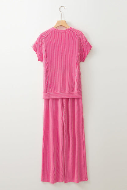 Solid Corded T-Shirt and Pants Set