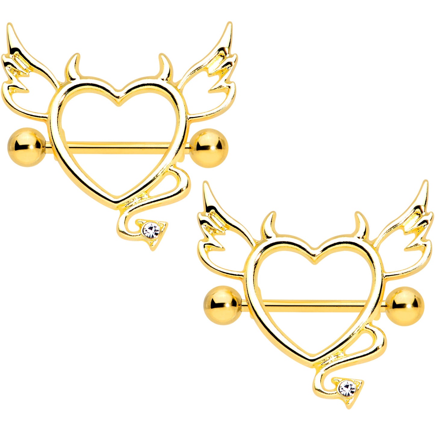 14G 9/16 Clear Gem Gold Tone Devil Heart Nipple Shield Set