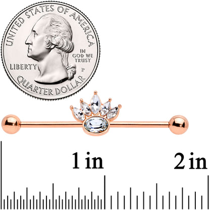 14G Clear Gem Rose Gold Tone Anodized Crown Industrial Barbell 38mm