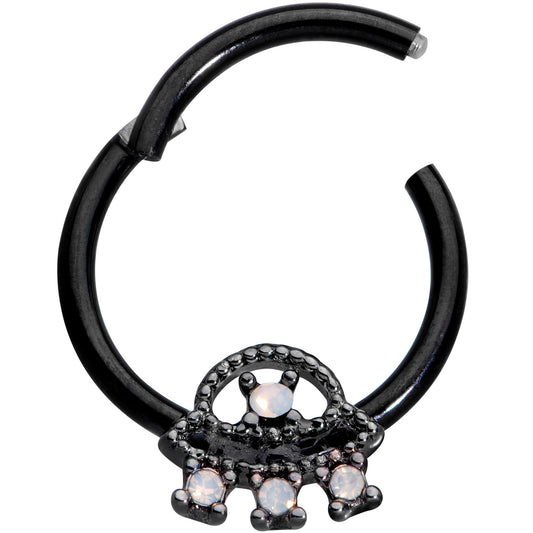 16G 3/8 White Faux Opal Black UFO Hinged Segment Ring