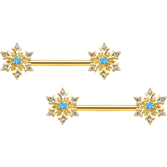 14G 9/16 Blue CZ Gem Gold Tone Snowflake Barbell Nipple Ring Set