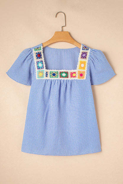 Stripe Textured Ruffle Short Sleeve Square Blouse