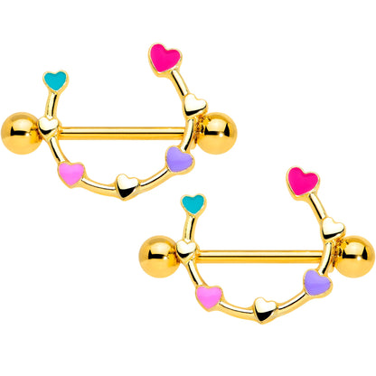 14G 9/16 Gold Tone Little Rainbow Hearts Nipple Shield Set
