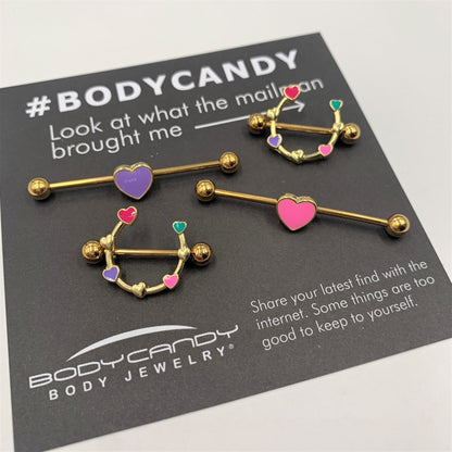 14G Gold Tone Pink Heart Industrial Barbell 38mm
