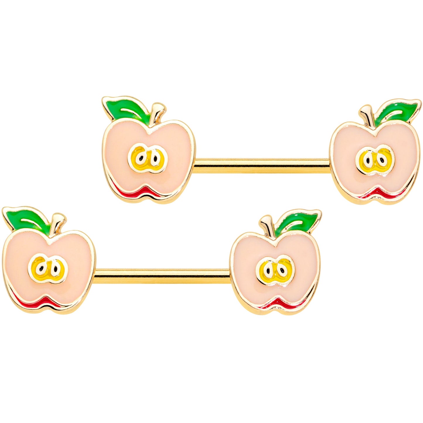 14G 9/16 Gold Tone Sweet Apple Barbell Nipple Ring Set