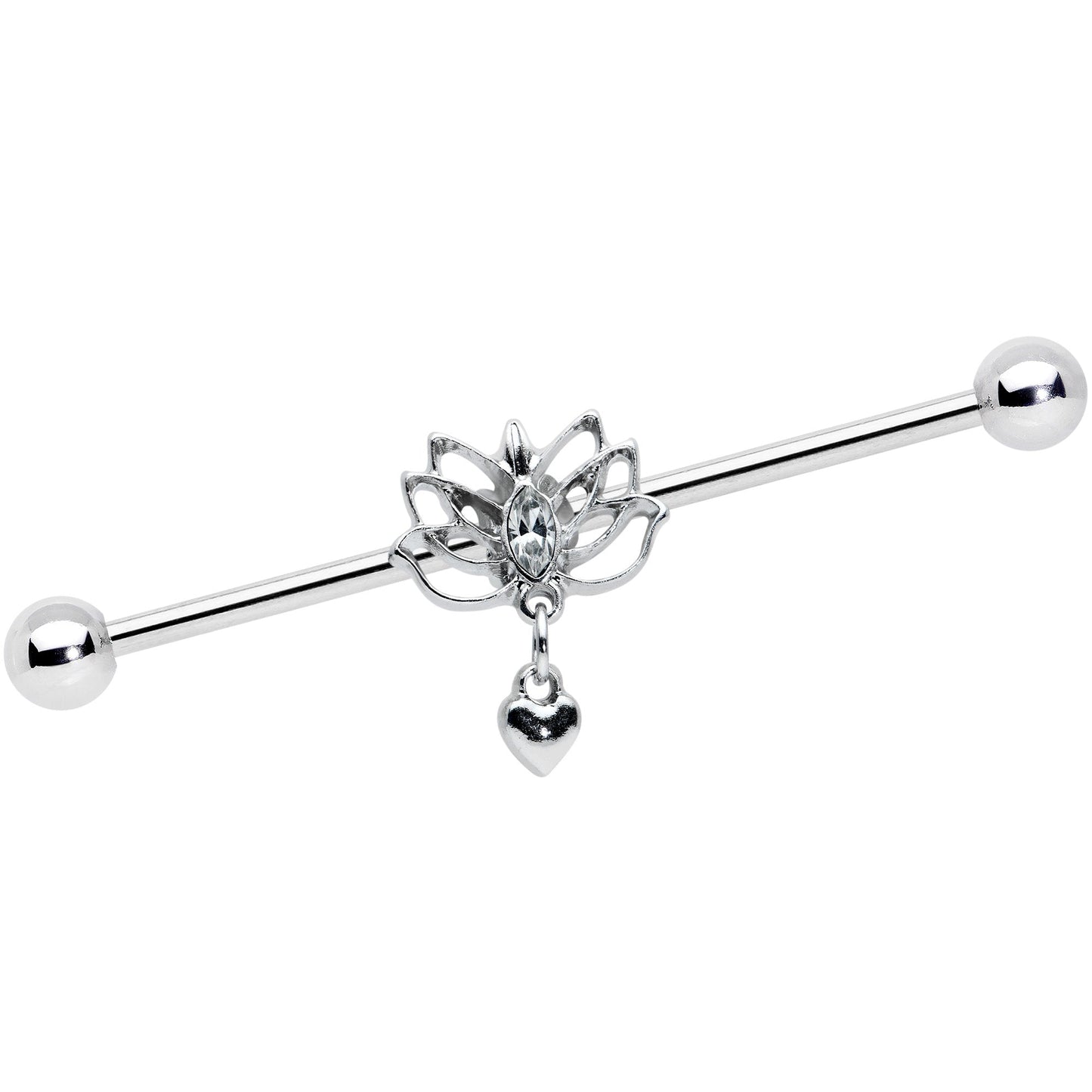 14G Clear Gem Lotus Flower Heart Dangle Industrial Barbell 38mm