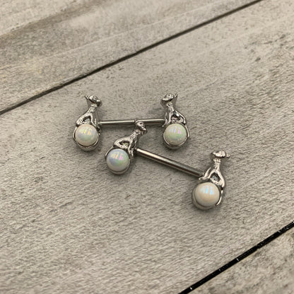 14G 9/16 White Orb Baby Bear Barbell Nipple Ring Set