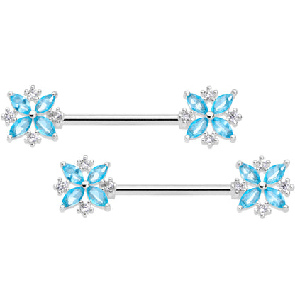 14G 5/8 Aqua CZ Gem Star Burst Barbell Nipple Ring Set