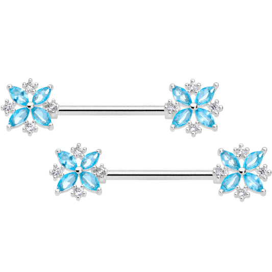 14G 5/8 Aqua CZ Gem Star Burst Barbell Nipple Ring Set