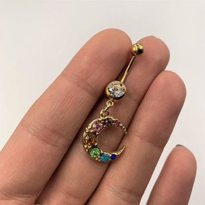 Rainbow Gem Gold Tone Crescent Moon Dangle Belly Ring