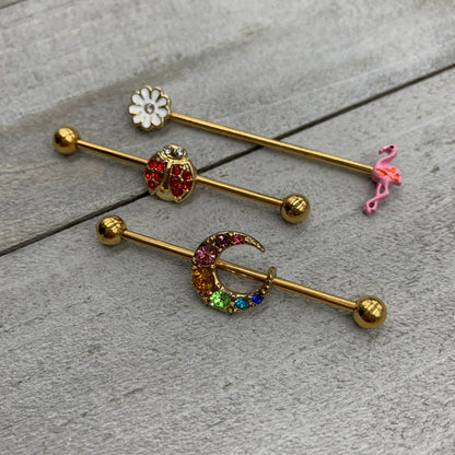 14G Clear Gem Gold Hue Flower Flamingo Industrial Barbell 38mm