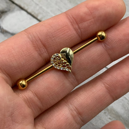 14G Clear Gem Gold Tone Angel Wing Heart Industrial Barbell 38mm