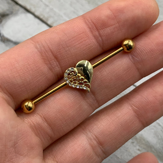 14G Clear Gem Gold Tone Angel Wing Heart Industrial Barbell 38mm