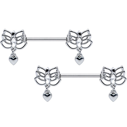 14G 5/8 Clear Gem Lotus Heart Dangle Barbell Nipple Ring Set