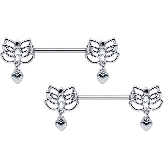14G 5/8 Clear Gem Lotus Heart Dangle Barbell Nipple Ring Set