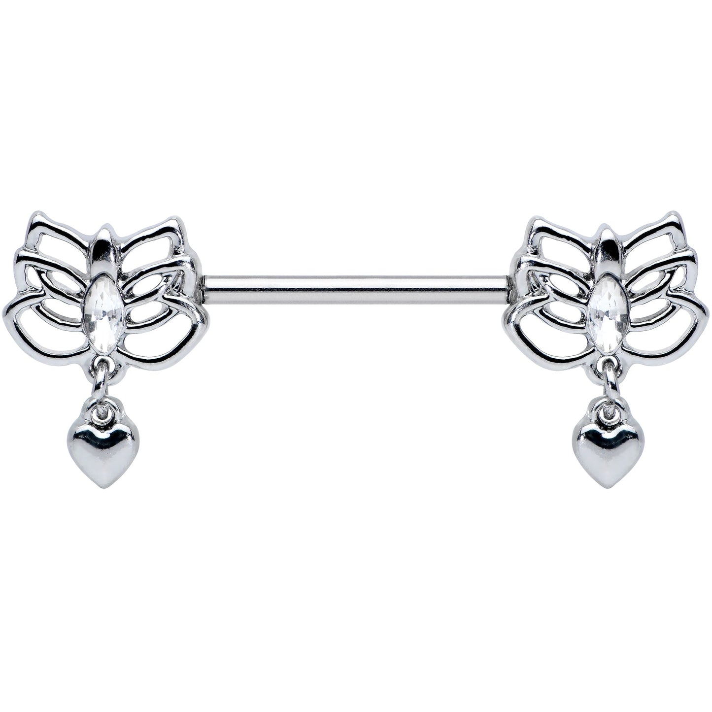 14G 5/8 Clear Gem Lotus Heart Dangle Barbell Nipple Ring Set