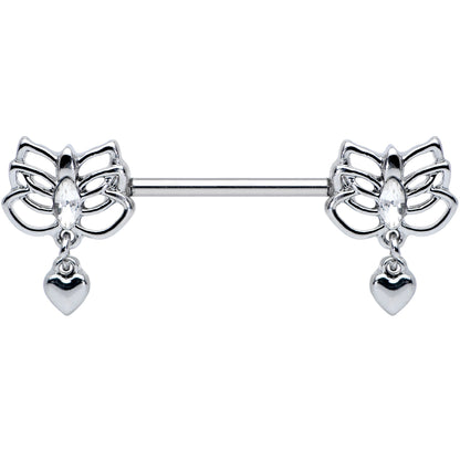 14G 5/8 Clear Gem Lotus Heart Dangle Barbell Nipple Ring Set