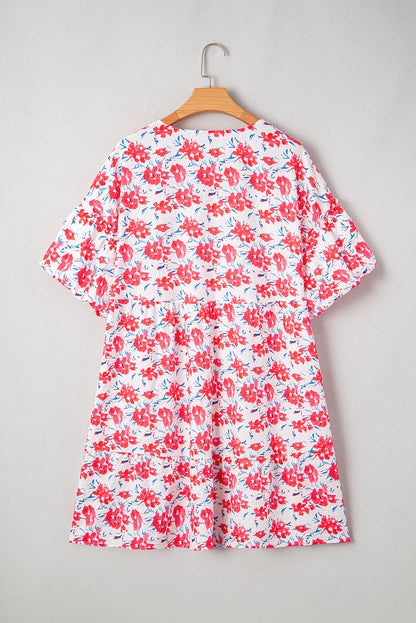 Plus Size Floral Ruffle 3/4 Sleeve V-Neck Dress