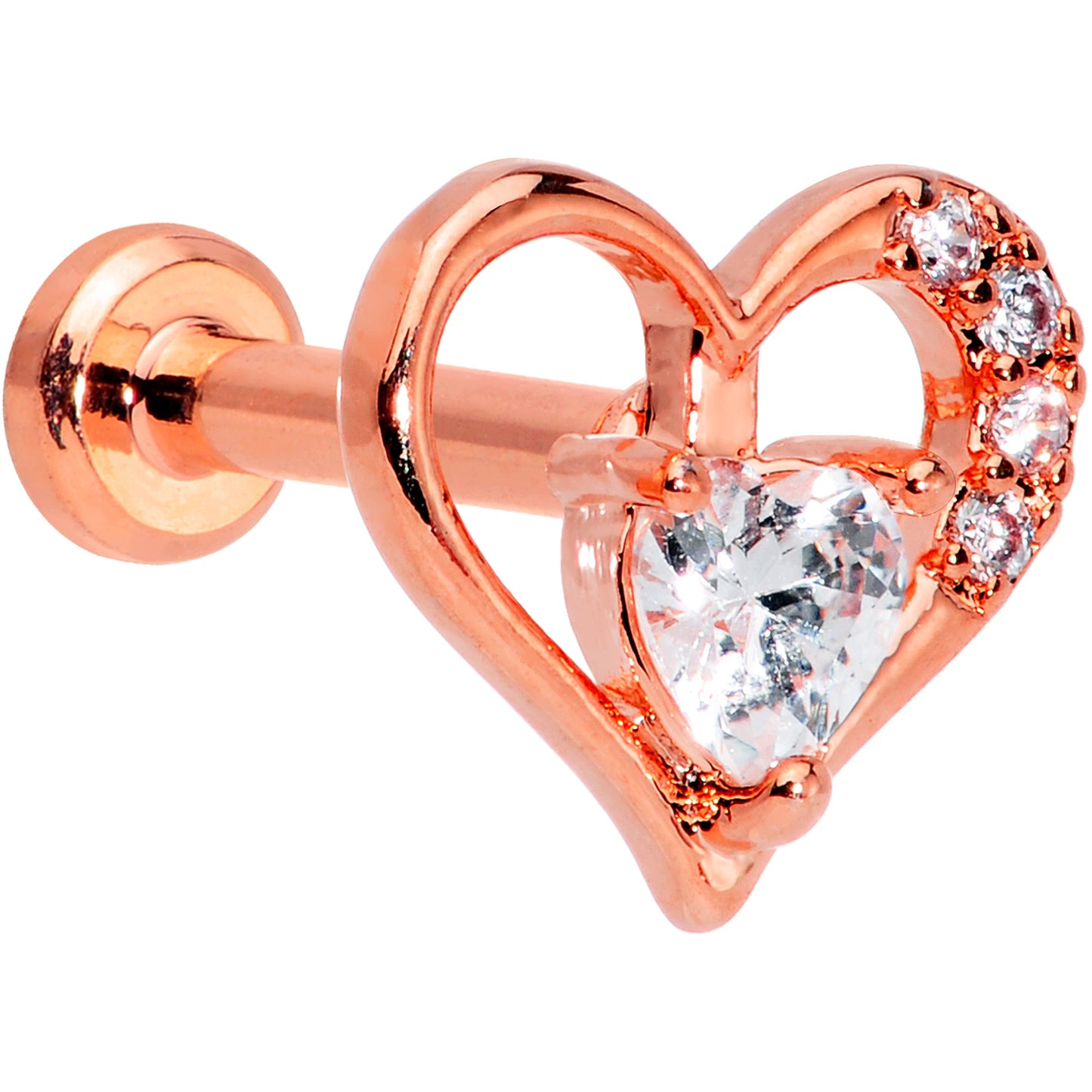 16G 1/4 Clear CZ Gem Rose Gold Hue Heart Internal Thread Labret