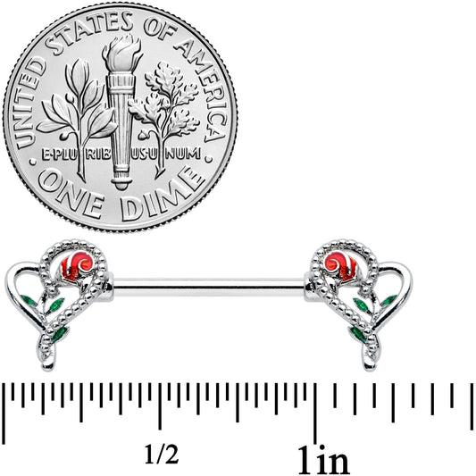14G 5/8 Open Heart Rose Valentines Barbell Nipple Ring Set