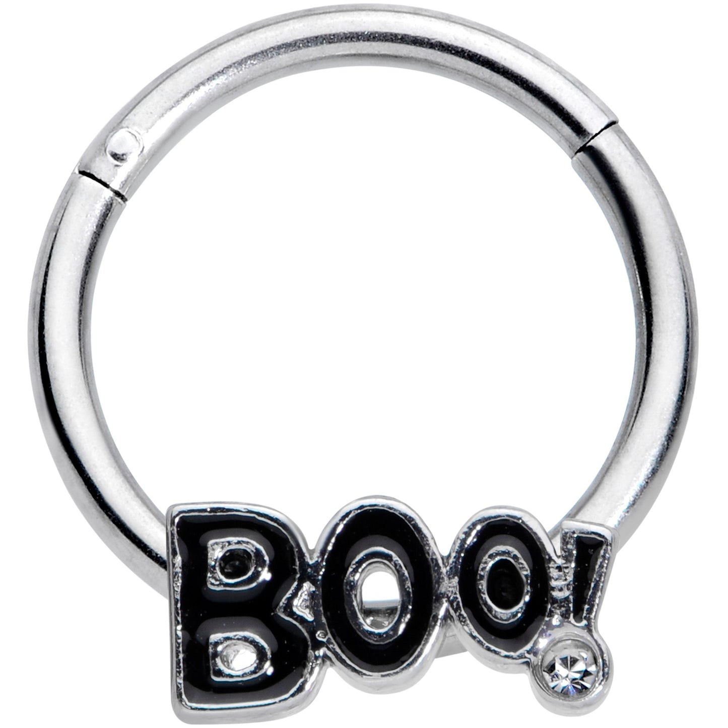16G 3/8 Clear Gem Black Boo Halloween Hinged Segment Ring