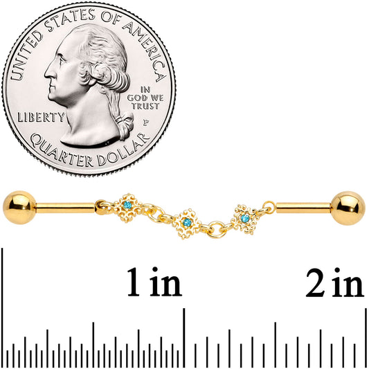 14G Aqua Gem Gold Tone Rhombus Chain Industrial Barbell 40mm