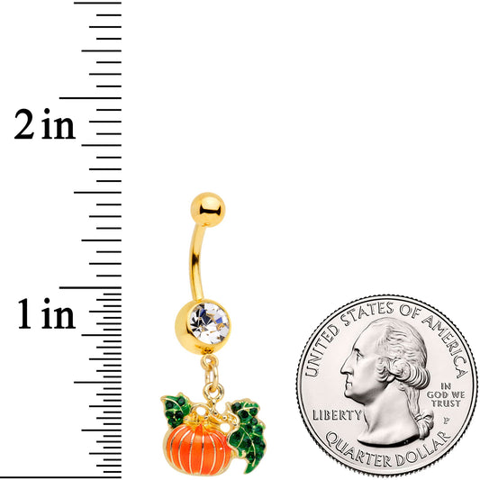 Clear Gem Gold Tone Autumn Pumpkin Halloween Dangle Belly Ring