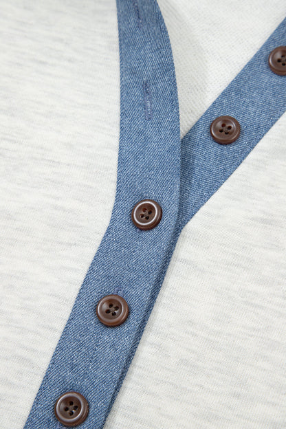 Denim Patchwork Button Polo Collar Long Sleeve