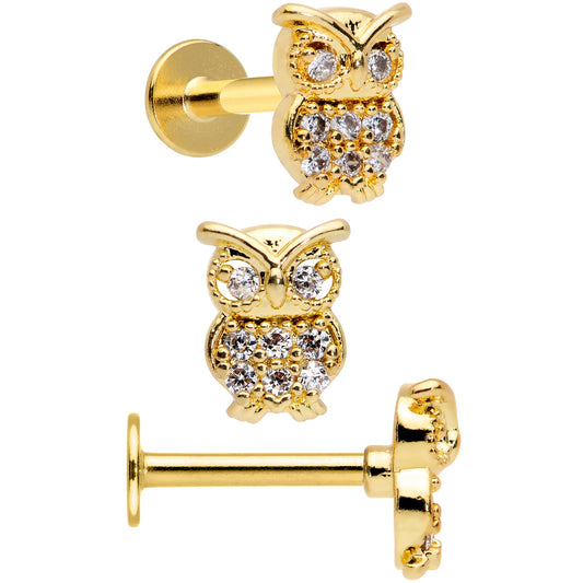 16G 5/16 Gold Tone Clear Gem Owl Moon Labret Tragus Set of 3