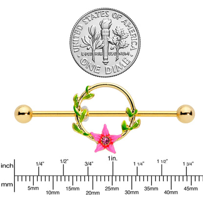 14G Pink Gem Gold Hue Exotic Flower Circle Industrial Barbell 38mm