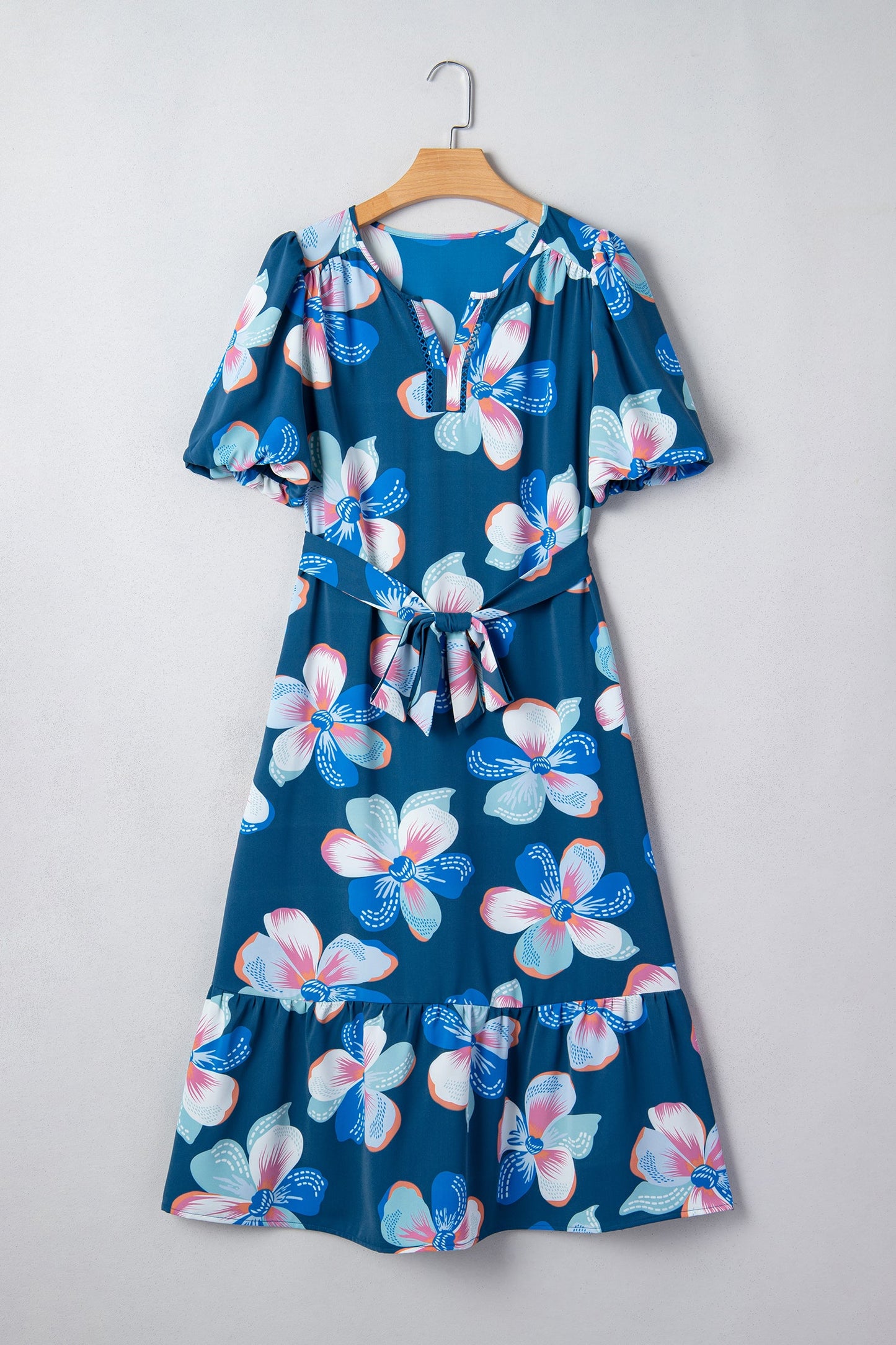 Floral Short Puff Sleeve Ruffle Belted Dress