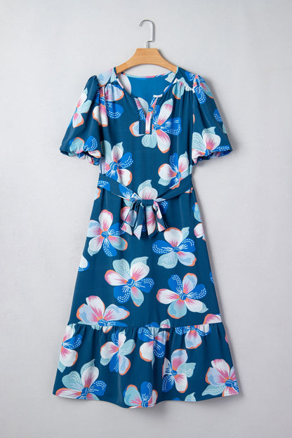 Floral Short Puff Sleeve Ruffle Belted Dress