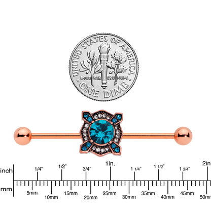 14G Aqua Gem Rose Gold Tone Renaissance Industrial Barbell 38mm