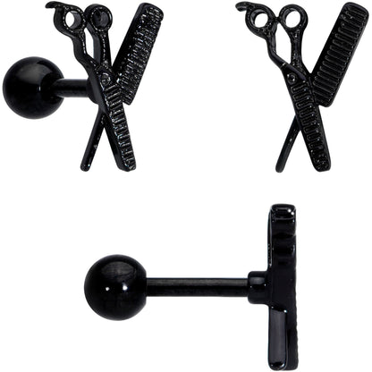 16G 1/4 Black Scissor Comb Hair Cartilage Tragus Earring Set of 3
