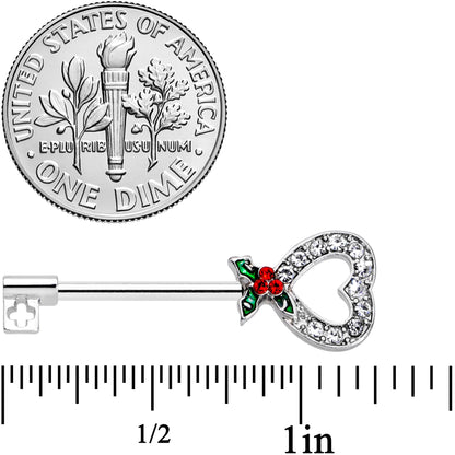 14G 9/16 Clear Gem Holiday Holly Key Heart Barbell Nipple Ring Set