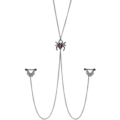 14G 9/16 Red Gem Black Spider Web Halloween Nipple Chain Necklace