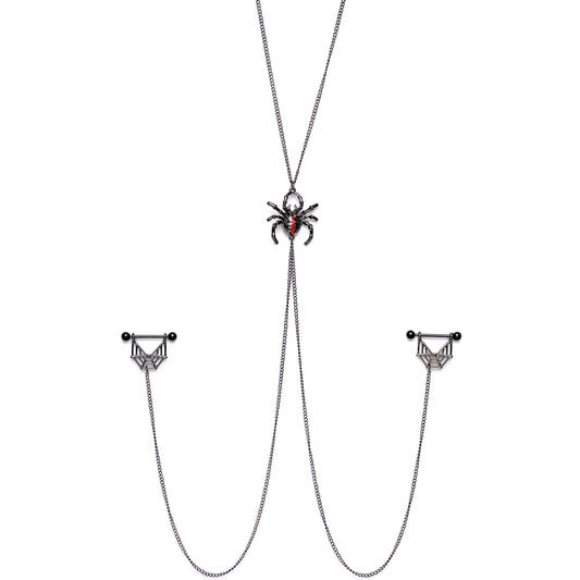 14G 9/16 Red Gem Black Spider Web Halloween Nipple Chain Necklace