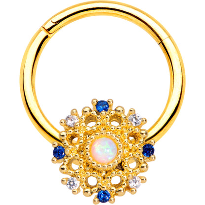 16G 3/8 Gold Tone White Synthetic Opal Sun Hinged Segment Ring