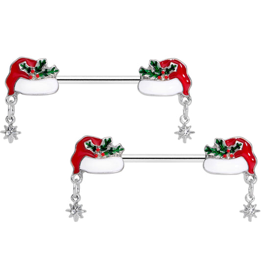 14G 9/16 Clear Gem Jolly Santa Hat Christmas Nipple Ring Set