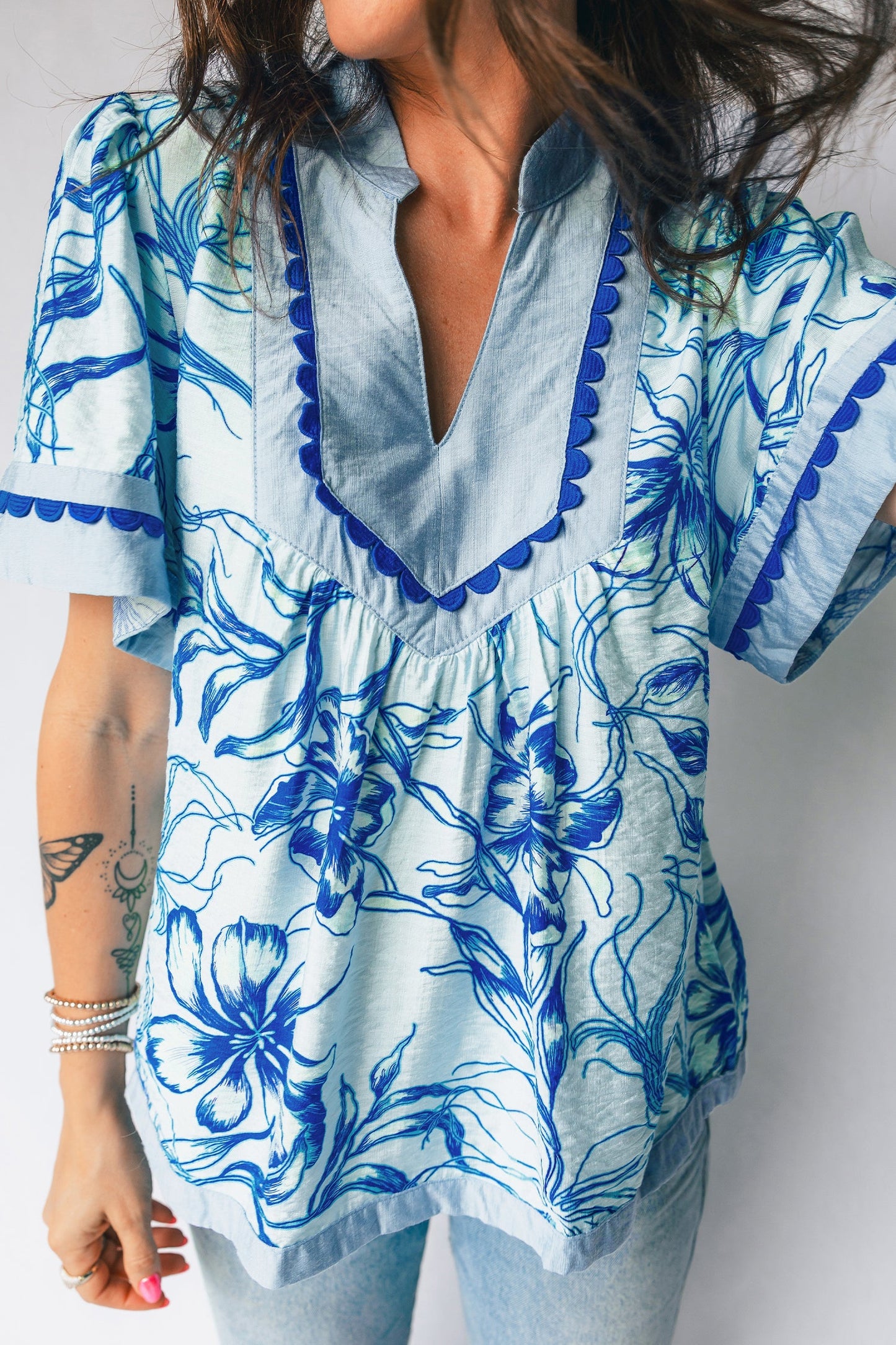 Floral Ricrac Trim V-Neck Blouse